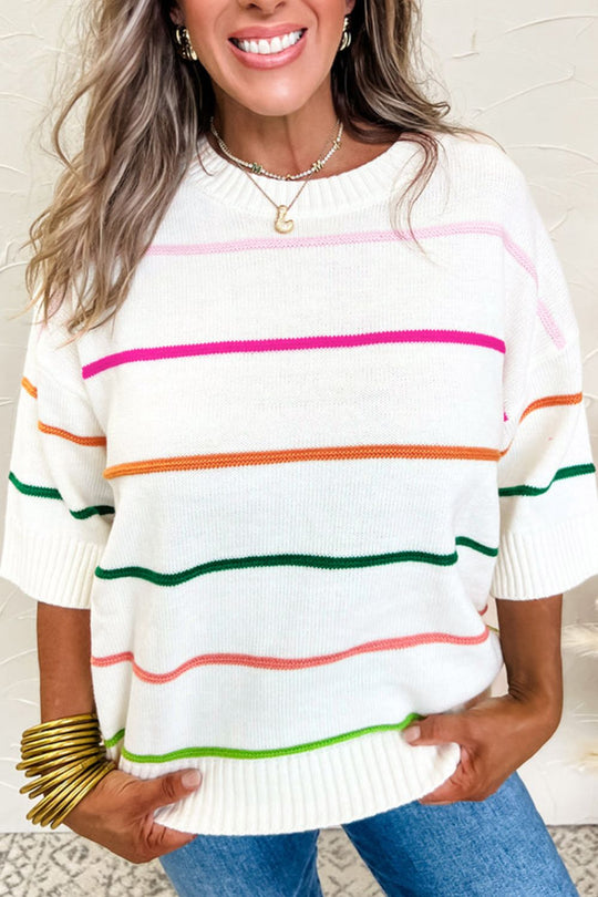 Striped Half Sleeve Drop Shoulder Sweater