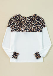 Waffle-Knit Leopard V-Neck Long Sleeve Blouse