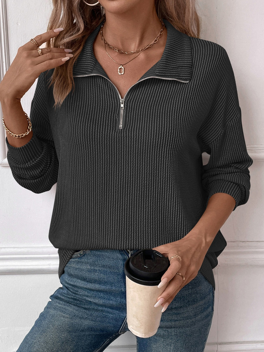 Double Take Striped Half Zip Long Sleeve T-Shirt