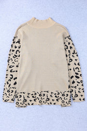 Slit Leopard Mock Neck Dropped Shoulder Sweater