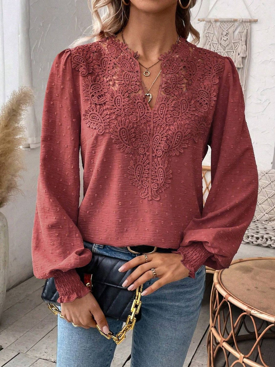 Swiss Dot Lace Detail Notched Long Sleeve Blouse