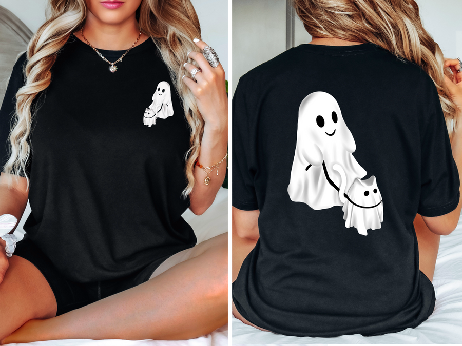 Ghost Cat - Front Left Pocket and Back Print Unisex T-shirt