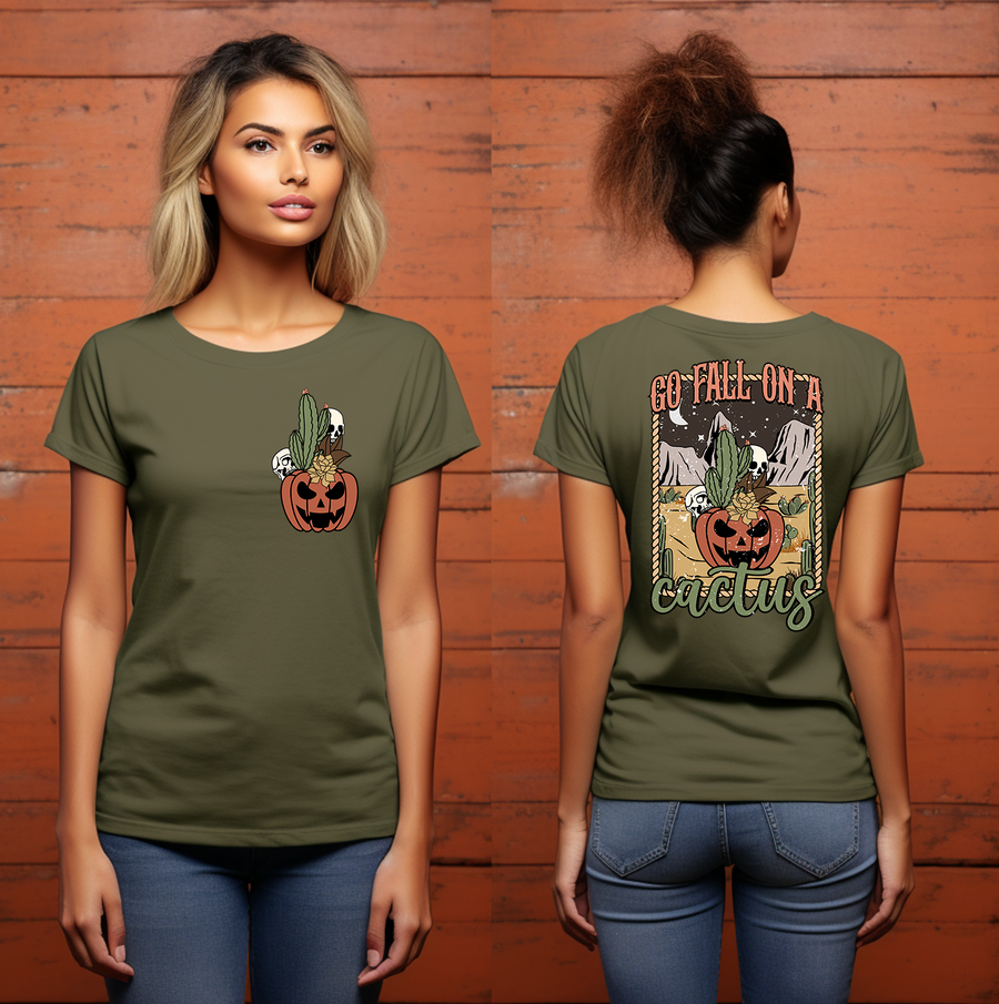 Go Fall On A Cactus Halloween Unisex T-shirt (Left Pocket and Back)