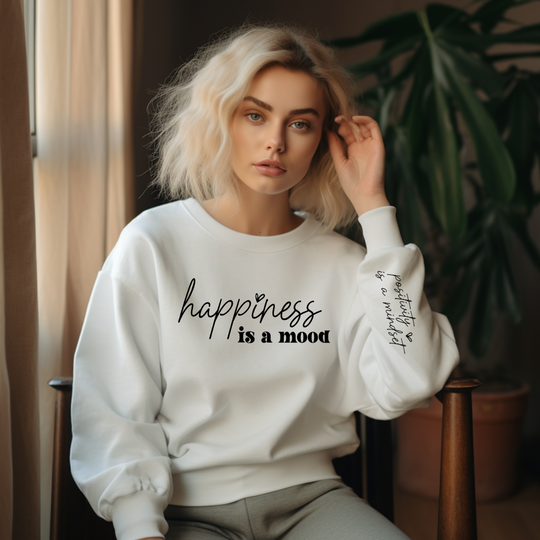 Happiness is a Mood Heavy Blend Sweatshirt (Front and Sleeve)