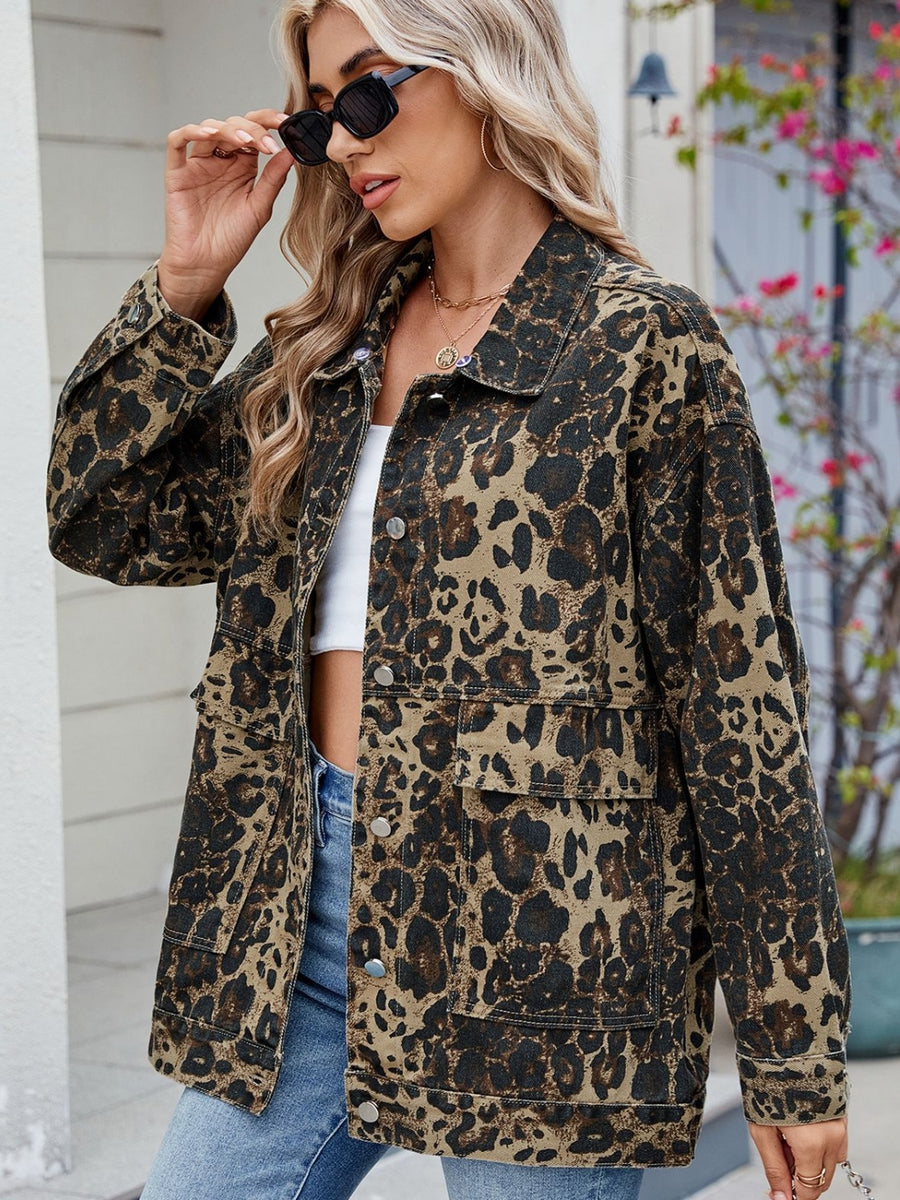 Leopard Button Up Drop Shoulder Denim Jacket