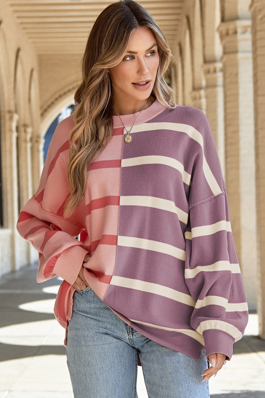 Striped Round Neck Long Sleeve Knit Top