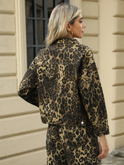 Pocketed Leopard Long Sleeve Denim Jacket