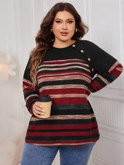 Plus Size Decorative Button Striped Round Neck Long Sleeve T-Shirt