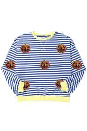 Pumpkin Striped Round Neck Long Sleeve Sweatshirt