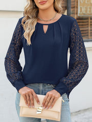 Cutout Round Neck Lace Long Sleeve Blouse