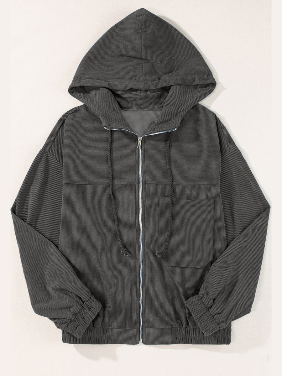 Drawstring Zip Up Long Sleeve Hooded Jacket