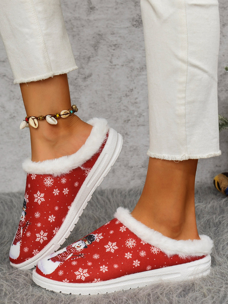 Snowman Print Flat Slippers with Faux Fur