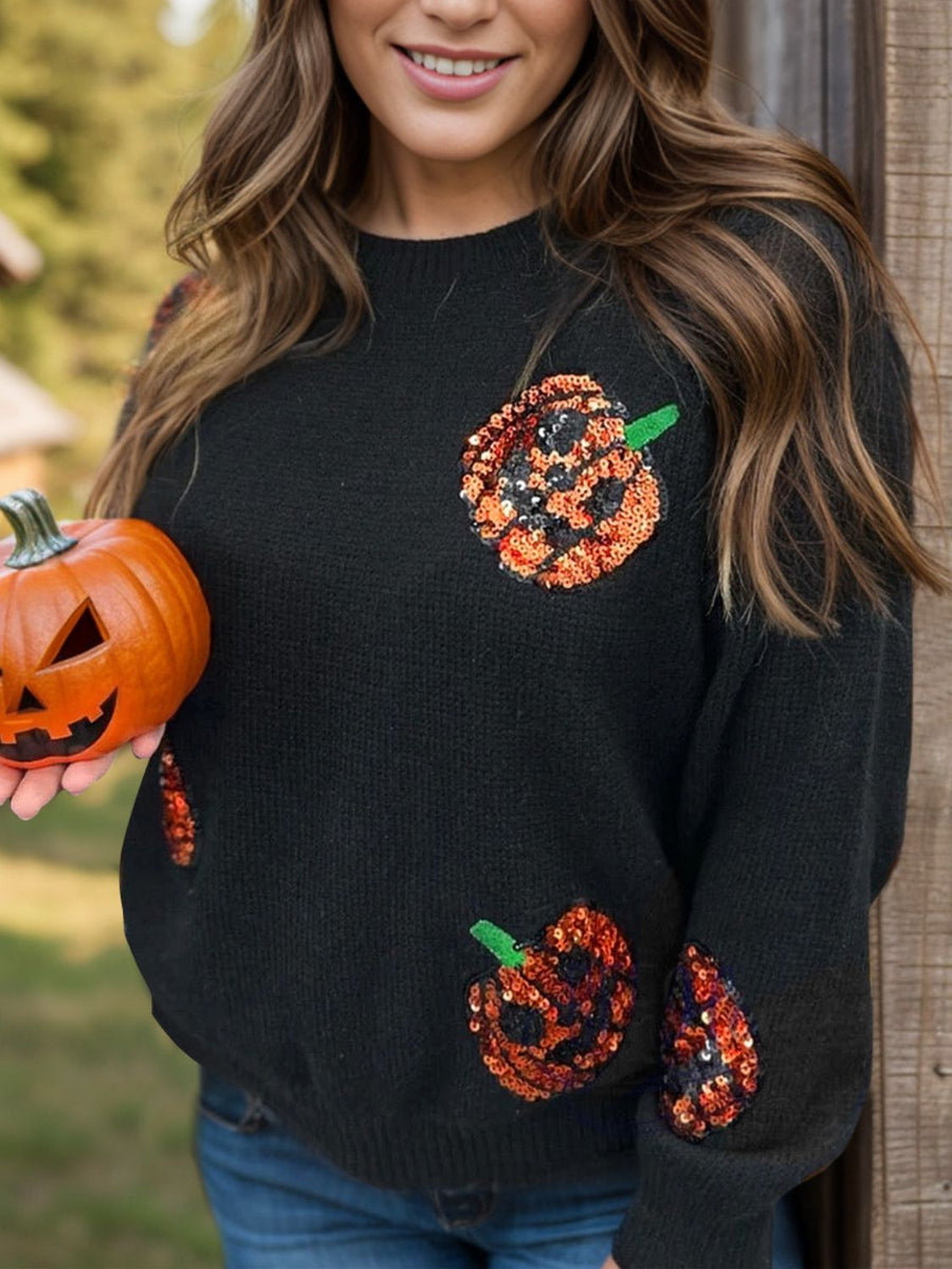 Plus Size Sequin Pumpkin Round Neck Sweater