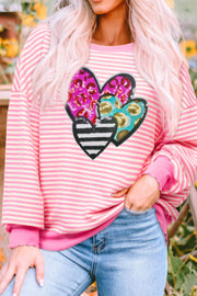 Striped Sequin Heart Round Neck Long Sleeve Sweatshirt