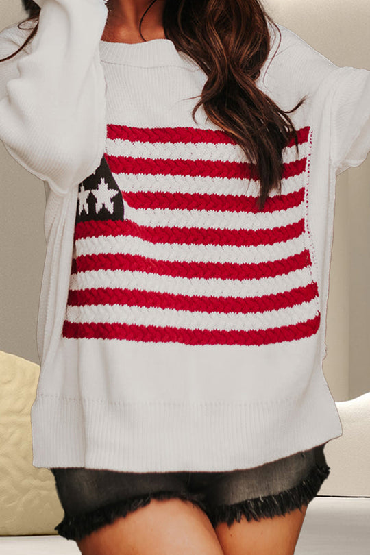 US Flag Round Neck Long Sleeve Knit Top
