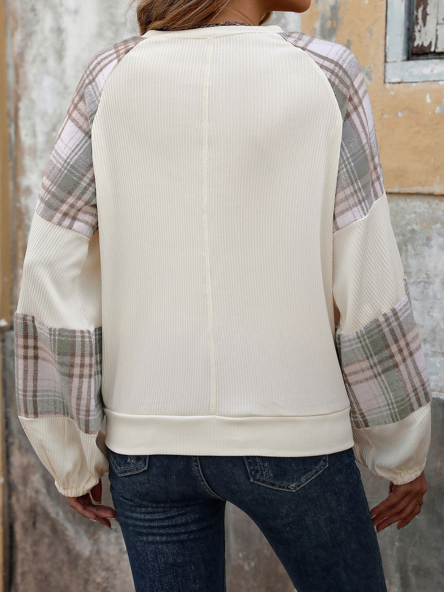 Plaid Round Neck Long Sleeve Sweatshirt