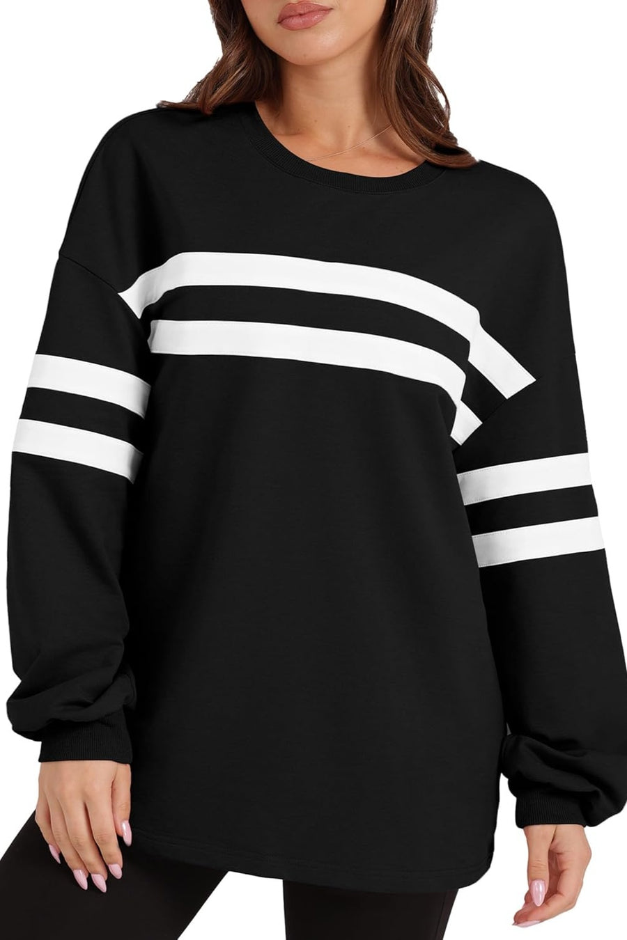 Lovelet Striped Round Neck Dropped Shoulder Sweatshirt