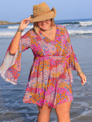 Plus Size Ruched Printed Long Sleeve Dress