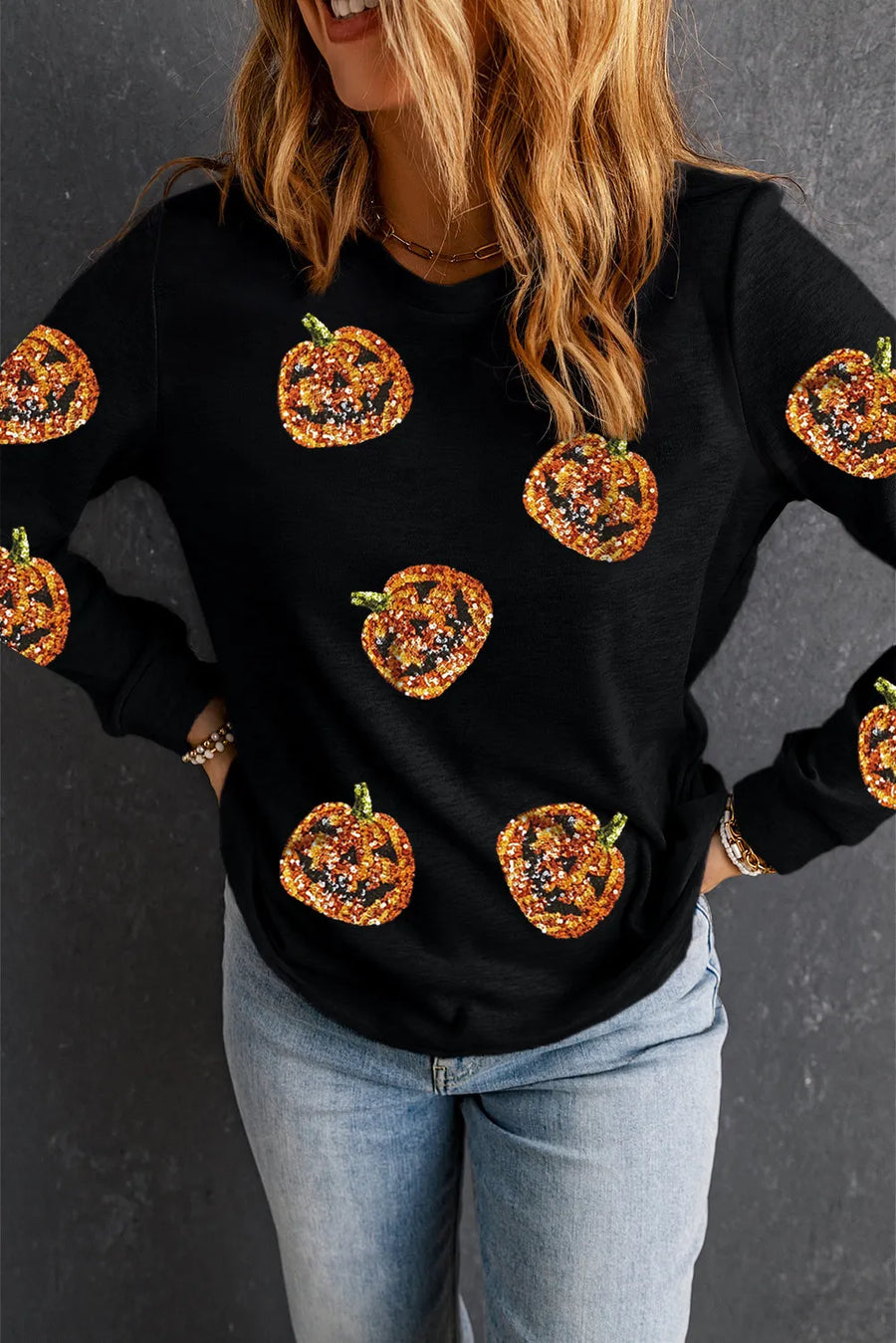 Sequin Pumpkin Round Neck Long Sleeve Top