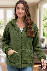 Zip Up Long Sleeve Fuzzy Hooded Outerwear