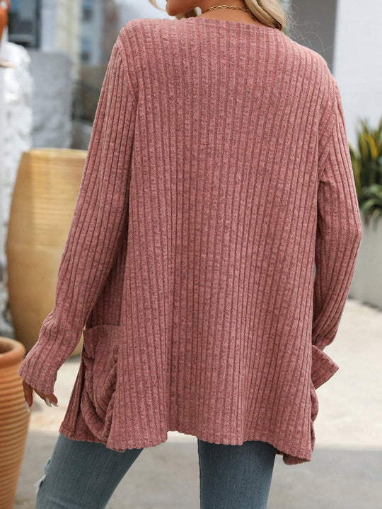 Open Front Long Sleeve Ribbed Cardigan