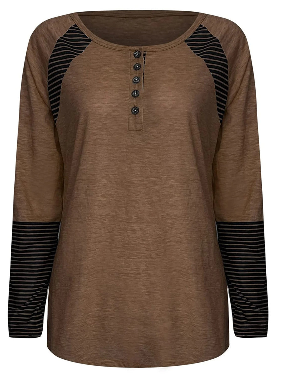 Full Size Striped Quarter Button Long Sleeve T-Shirt