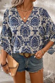 Printed V-Neck Three-Quarter Sleeve Blouse