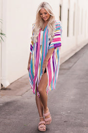 Striped Side Slit Open Front Cardigan