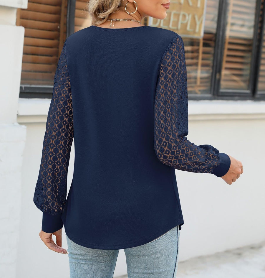 Cutout Round Neck Lace Long Sleeve Blouse