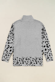 Slit Leopard Mock Neck Dropped Shoulder Sweater