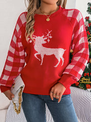 Reindeer Plaid Round Neck Long Sleeve Sweater