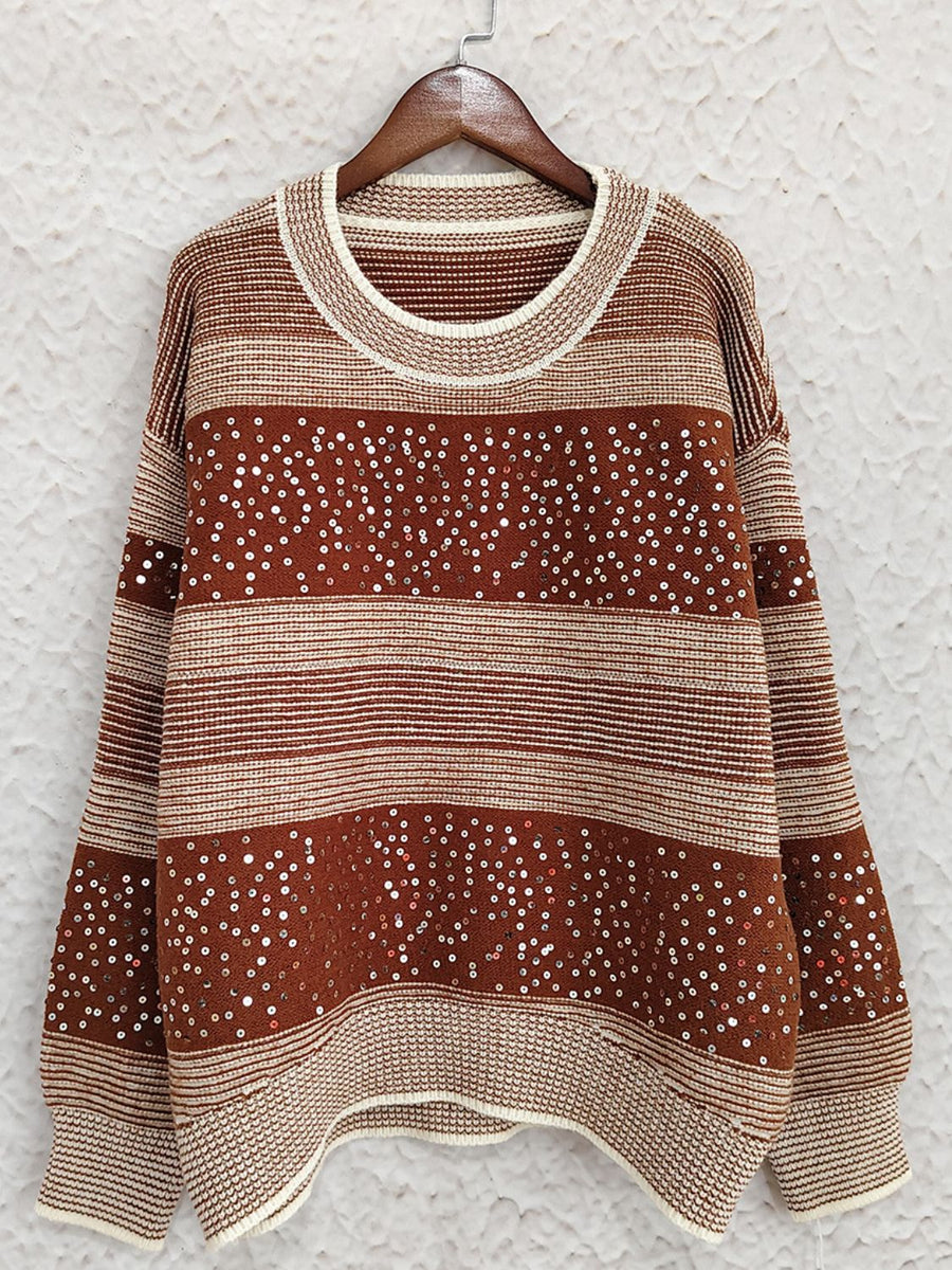 Sequin Color Block Round Neck Sweater