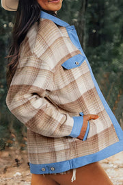 Contrast Trim Plaid Collared Neck Shacket