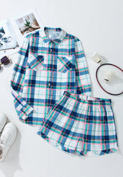 Plaid Button Down Long Sleeve Shirt and Shorts Lounge Set