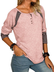 Full Size Striped Quarter Button Long Sleeve T-Shirt