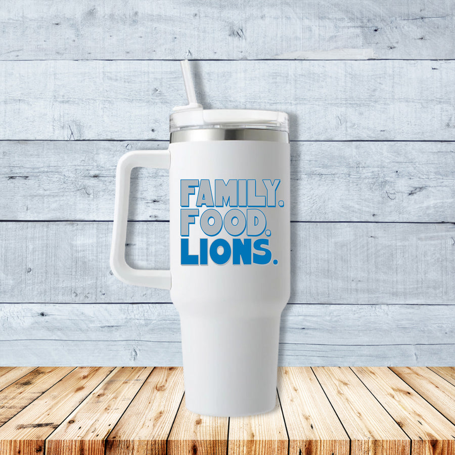 Family. Food. Lions 40oz Travel Mug