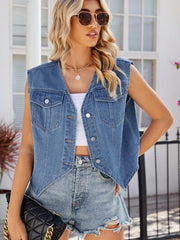 Pocketed Button Up Sleeveless Denim Jacket