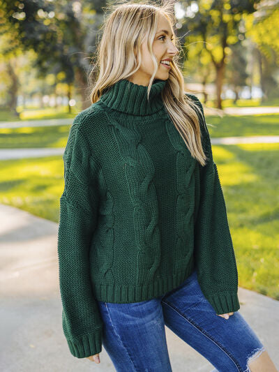 Cable-Knit Turtleneck Dropped Shoulder Sweater