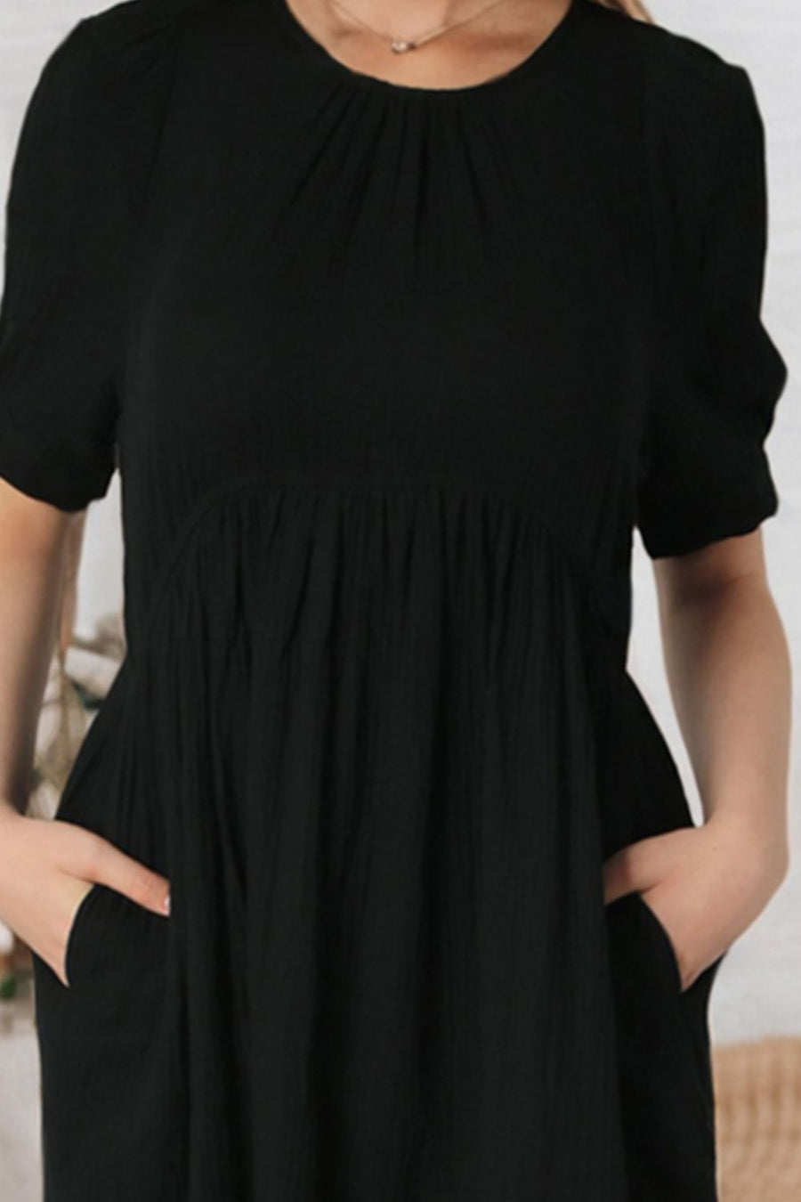 Round Neck Puff Sleeve Dress with Pockets