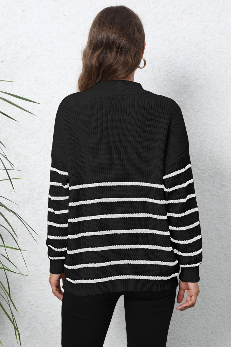 Striped Zip-Up Long Sleeve Ribbed Sweater