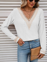 Contrast V-Neck Eyelet Long Sleeve Top