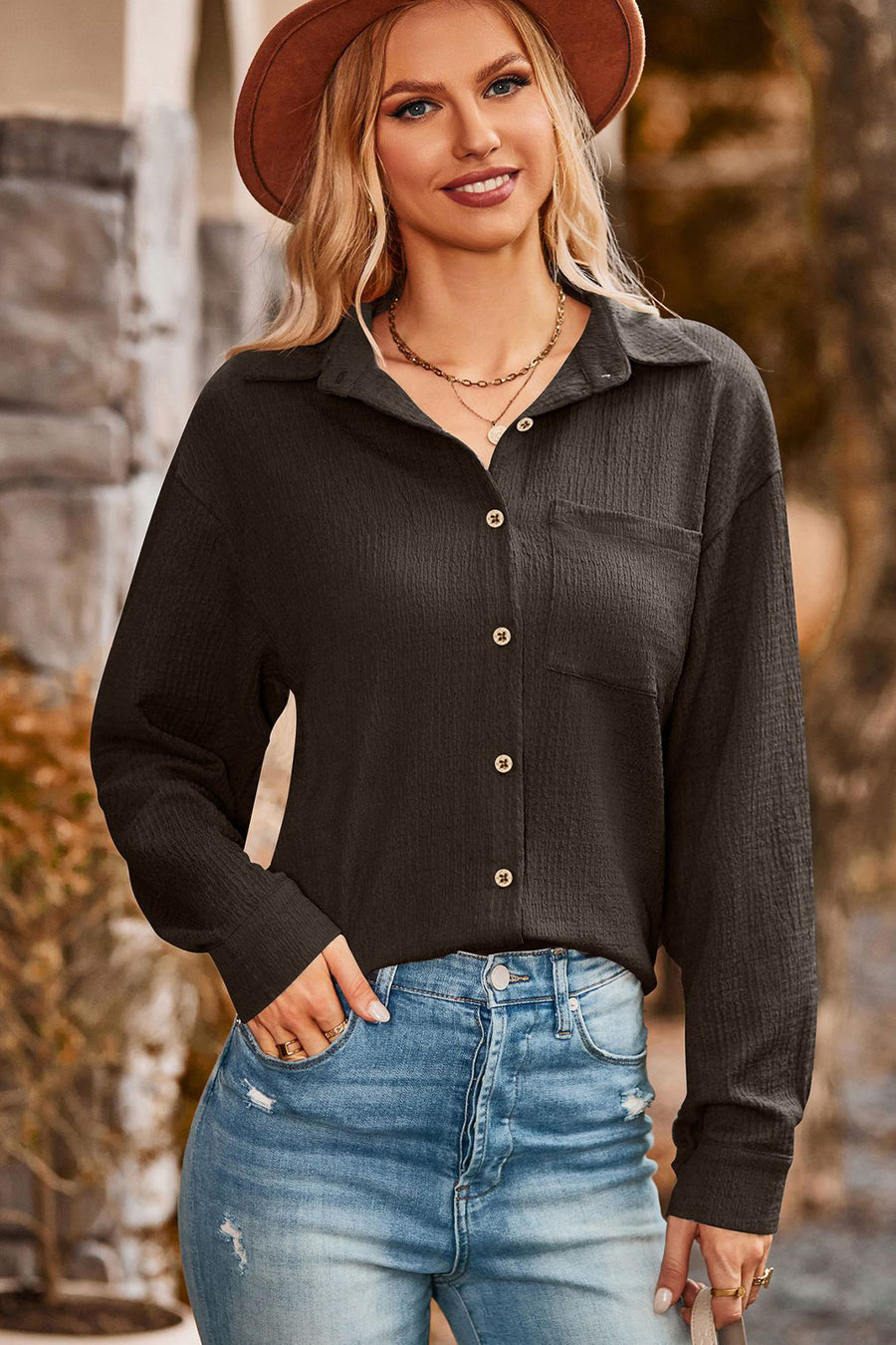 Twisted Collared Neck Long Sleeve Shirt