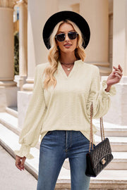 Notched Neck Flounce Sleeve Blouse