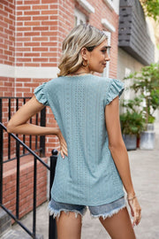 Eyelet Flutter Sleeve Scalloped V-Neck Top