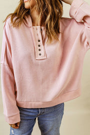 Quarter-Button Exposed Seam Dropped Shoulder Hoodie