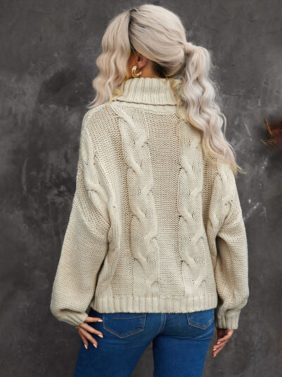 Cable-Knit Turtleneck Dropped Shoulder Sweater