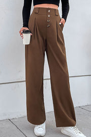 Button-Fly Pleated Waist Wide Leg Pants with Pockets