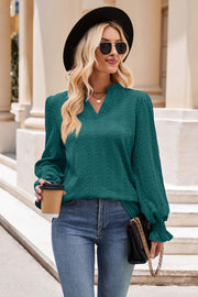 Notched Neck Flounce Sleeve Blouse