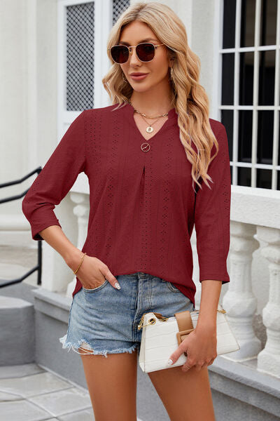 Eyelet Notched Knit Jacquard Top