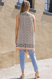 Printed Open Front Sleeveless Cardigan